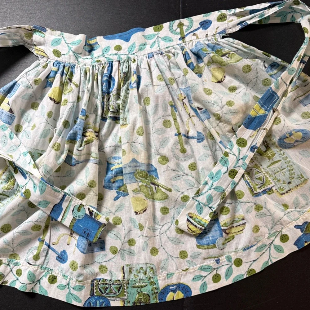 Vintage MCM Novelty Kitchen Print Half Apron Rick Rack Blue Green 1950s 60s